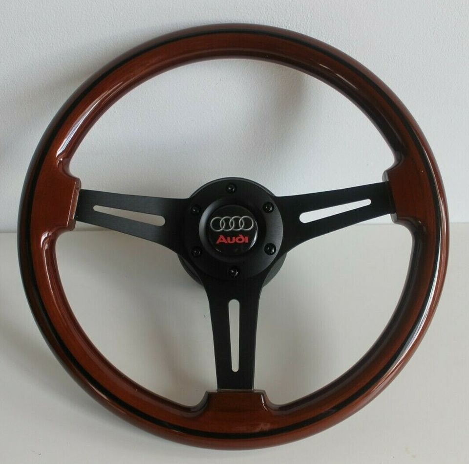Steering Wheel For AUDI A3 A4 A6 A8 8L B5 C5 S4 S6 (1996-2003) - Solid Wood, Black Trim, Vintage, Black Spokes, 350 mm
