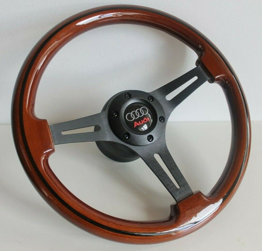 Steering Wheel For AUDI A3 A4 A6 A8 8L B5 C5 S4 S6 (1996-2003) - Solid Wood, Black Trim, Vintage, Black Spokes, 350 mm