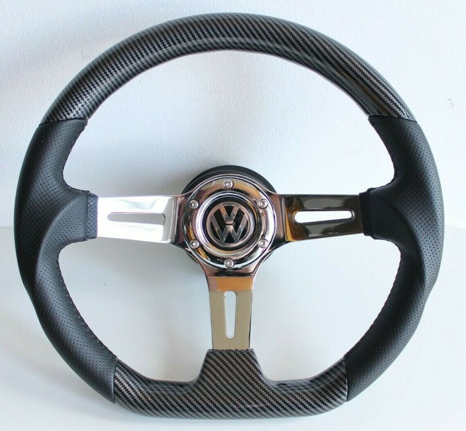 Steering Wheel For VW - No Hub Adapter Included, Carbon Look, Flat Bottom, Sport Design, 350mm