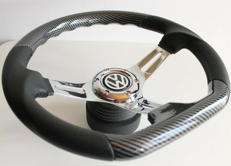 Steering Wheel For VW - No Hub Adapter Included, Carbon Look, Flat Bottom, Sport Design, 350mm