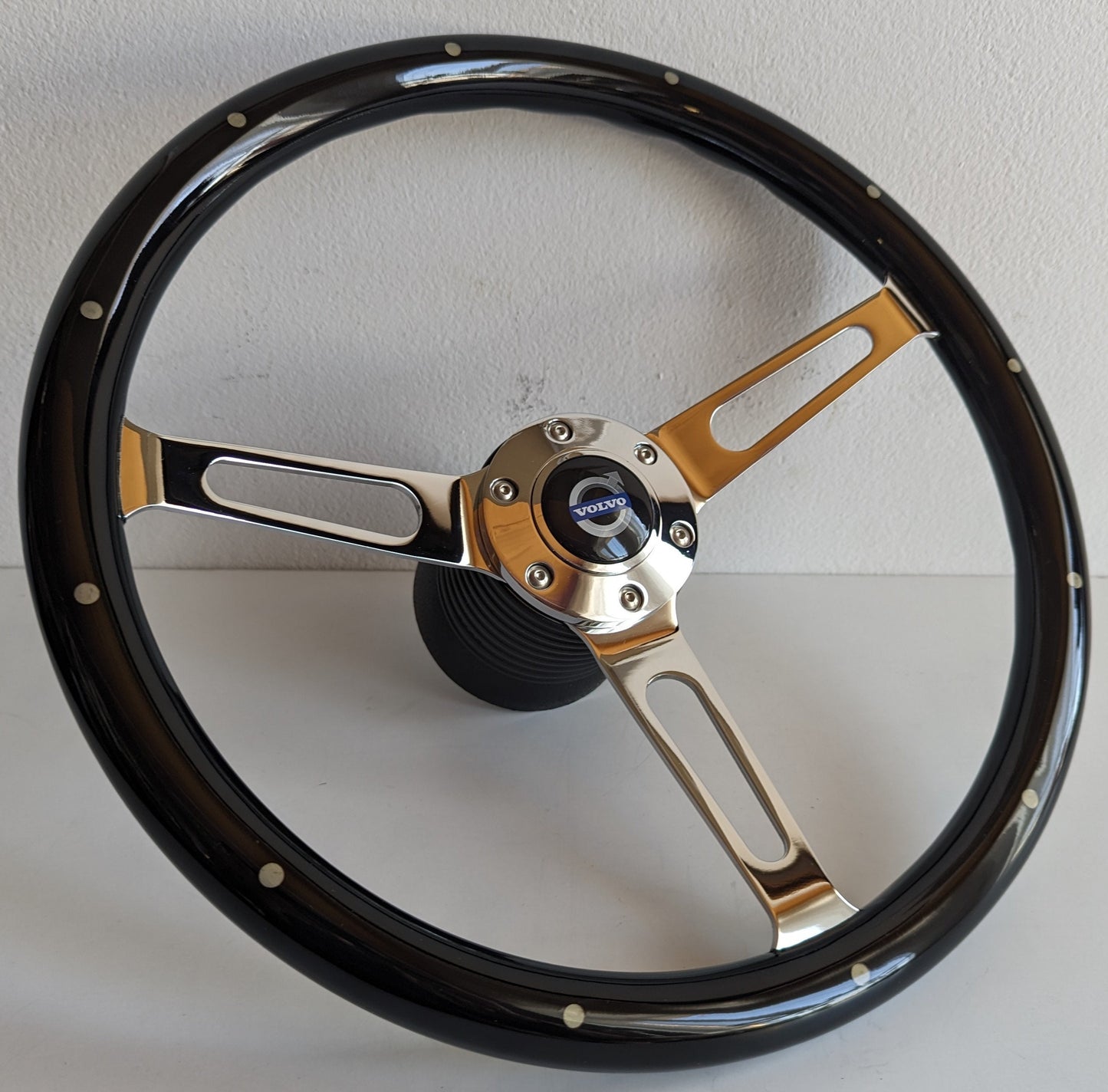Steering Wheel For VOLVO 1800 1800ES - 380mm Wooden Rim, Black Finish & Chrome Spokes
