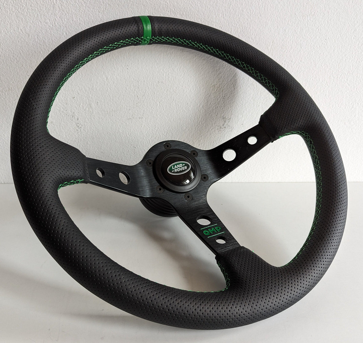 Steering Wheel For Land Range Rover (1990-1995) - Deep Dish, Green Stitching, Black Spokes with Holes, Sport Vision, 350 mm