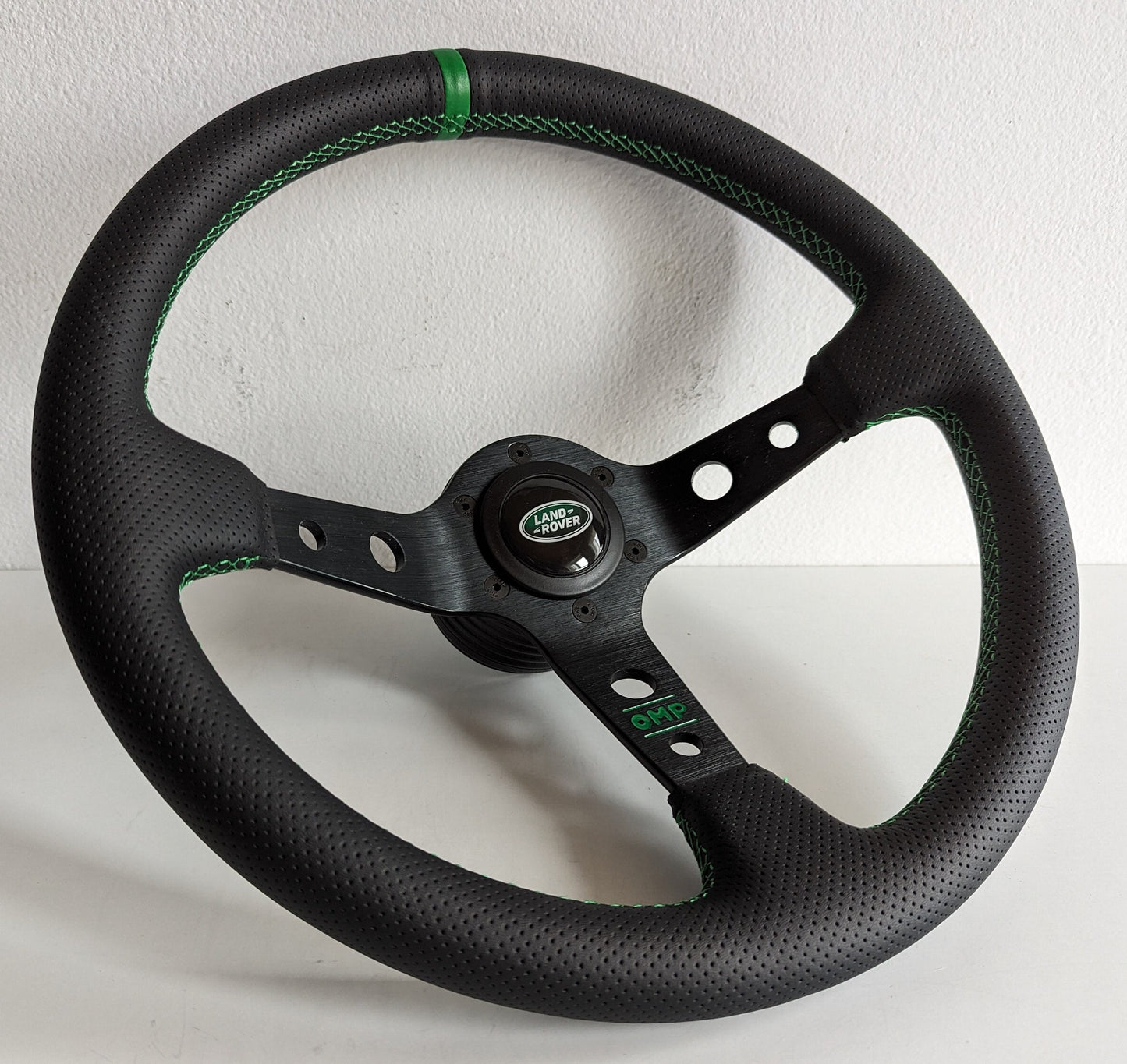 Steering Wheel For Land Rover / Range Rover (1983-1985) - Perforated Leather, Deep Dish, Green Stitching, 350mm