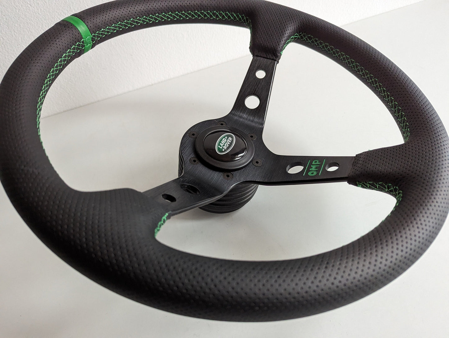 Steering Wheel For Land Rover / Range Rover (1988-1990) - Deep Dish, Green Stitching, Black Spokes with Holes, Sport Vision, 350 mm