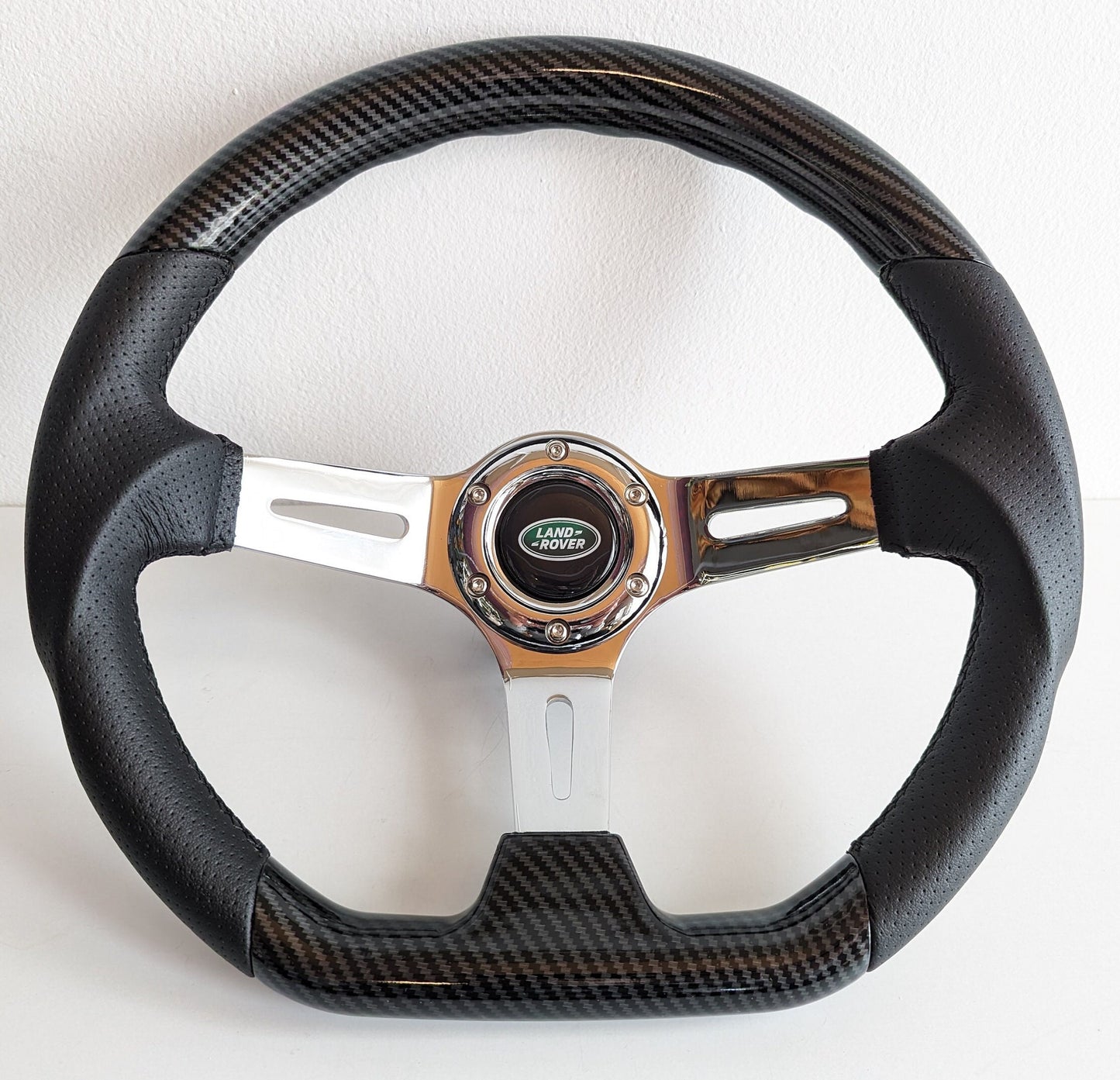 Steering Wheel For Land Rover Discovery (1989-1994) - Carbon Look, Flat Bottom, Chrome Spokes, Sport Design, 350 mm