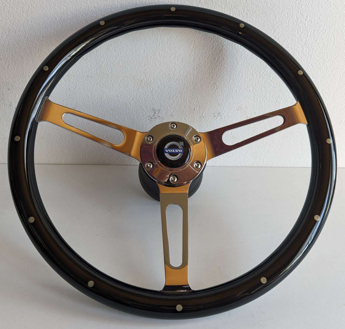 Steering Wheel For VOLVO 1800 1800ES - 380mm Wooden Rim, Black Finish & Chrome Spokes