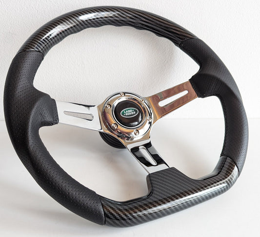 Steering Wheel For Land Rover Discovery (1989-1994) - Carbon Look, Flat Bottom, Chrome Spokes, Sport Design, 350 mm