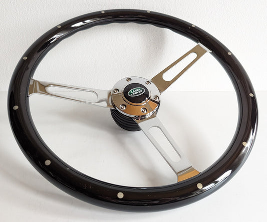 Steering wheel fits for Land Rover / Range Rover (1983-1985) - 380mm Wooden Rim, Black Finish & Chrome Spokes