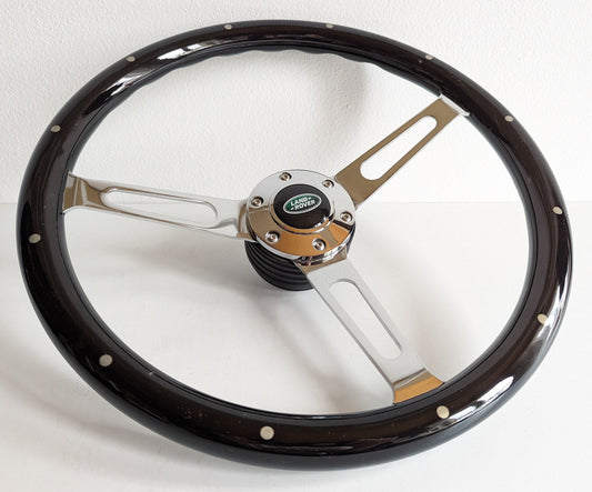 Steering Wheel For Land Rover 88 (1976-1986) - 380mm, Wooden Rim, Black Finish & Chrome Spokes