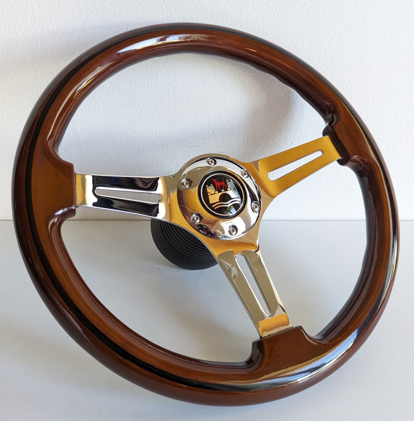 Steering Wheel For VW Wolfsburg Golf Jetta Mk1 Mk2 - Solid Wood, Black Trim, Vintage, Black Spokes, 350 mm
