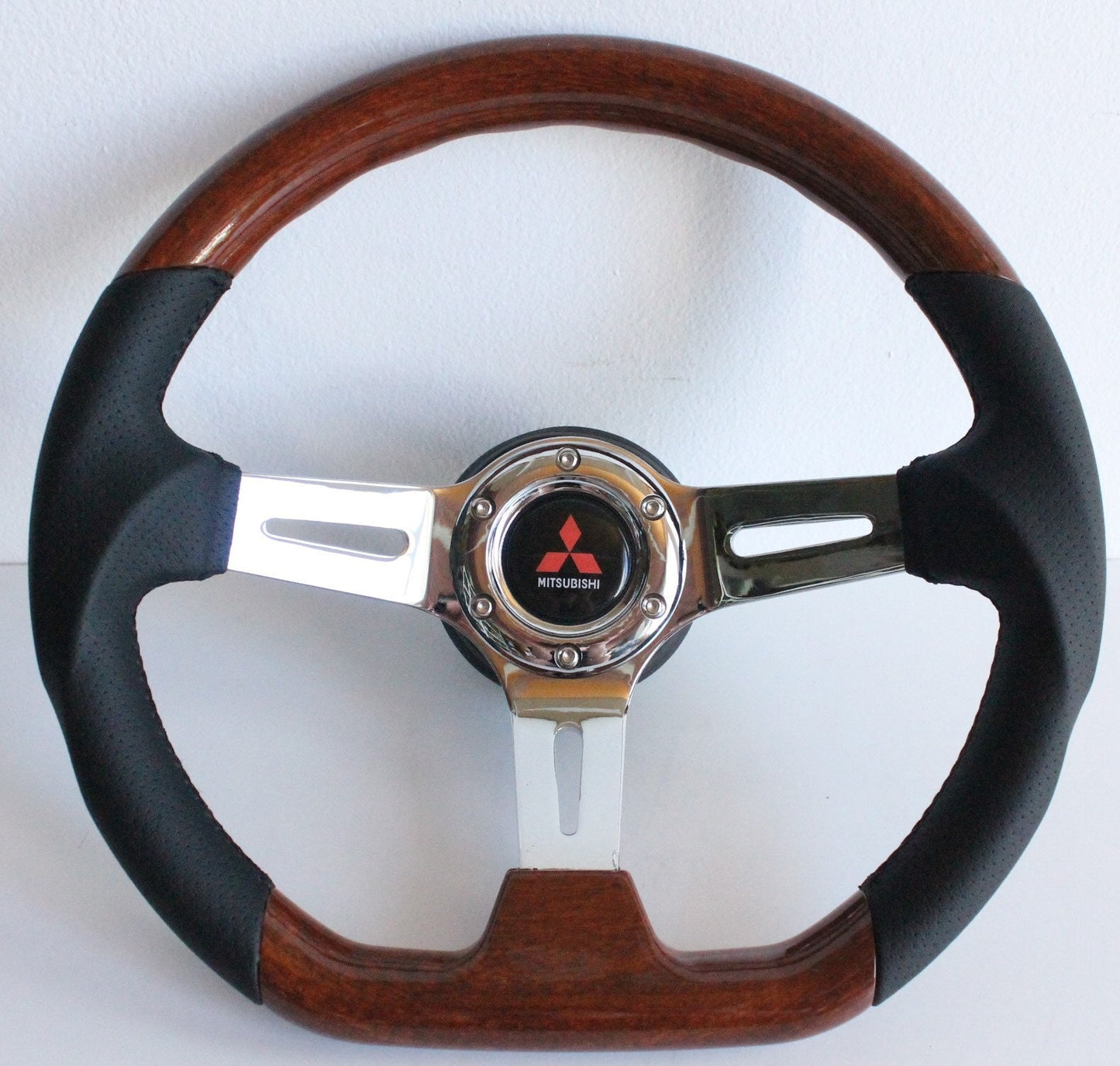 Steering Wheel For Mitsubishi Eclipse, Lancer Evo Galant Pajero - Flat Bottom, Wood, Vintage, Black Leather, Chrome spokes, 350 mm