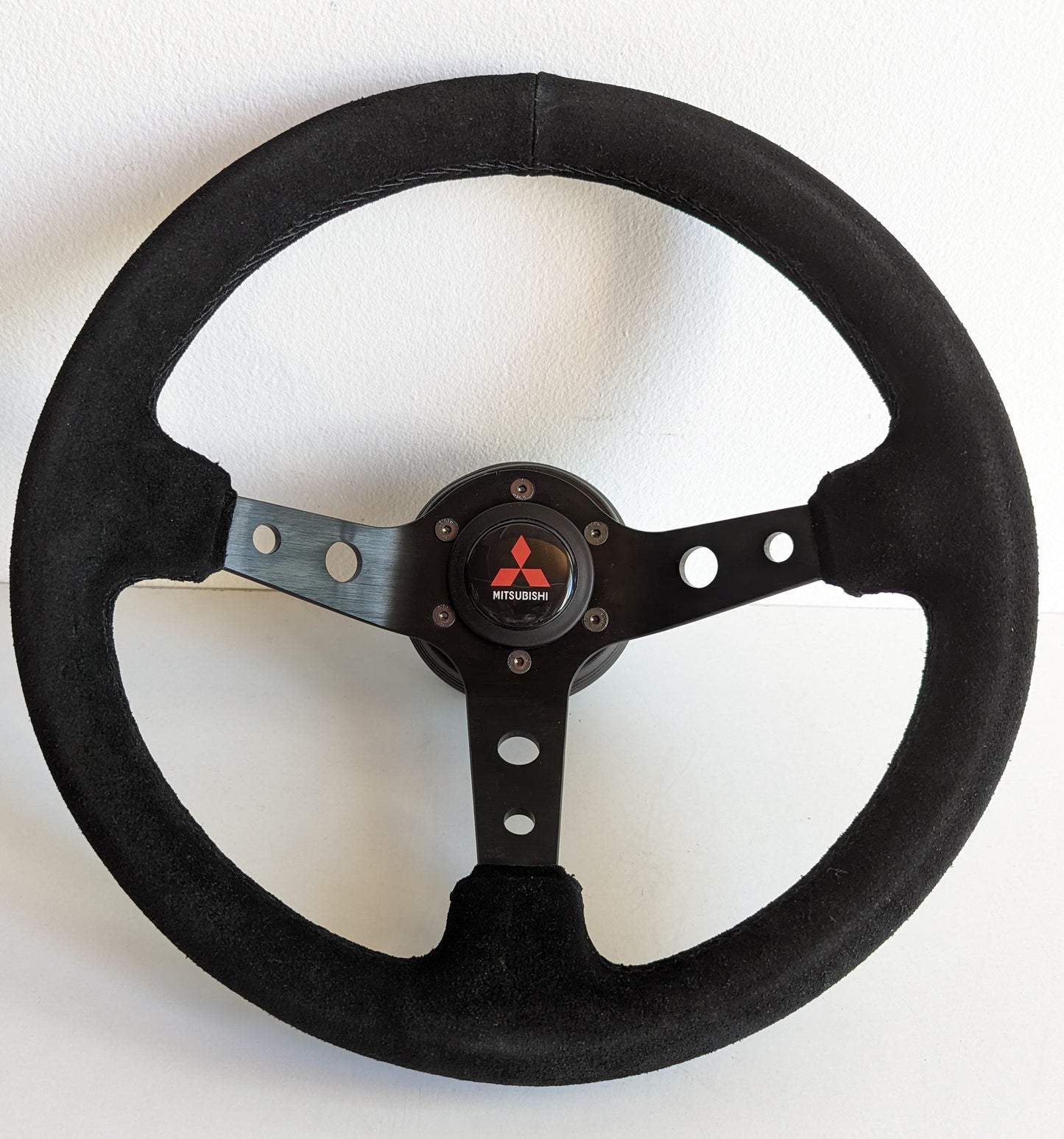 Steering Wheel For Mitsubishi Eclipse Lancer evo Galant Pajero - Deep Dish, Black Stitching, Black Spokes with Holes, Sport Vision, 350 mm