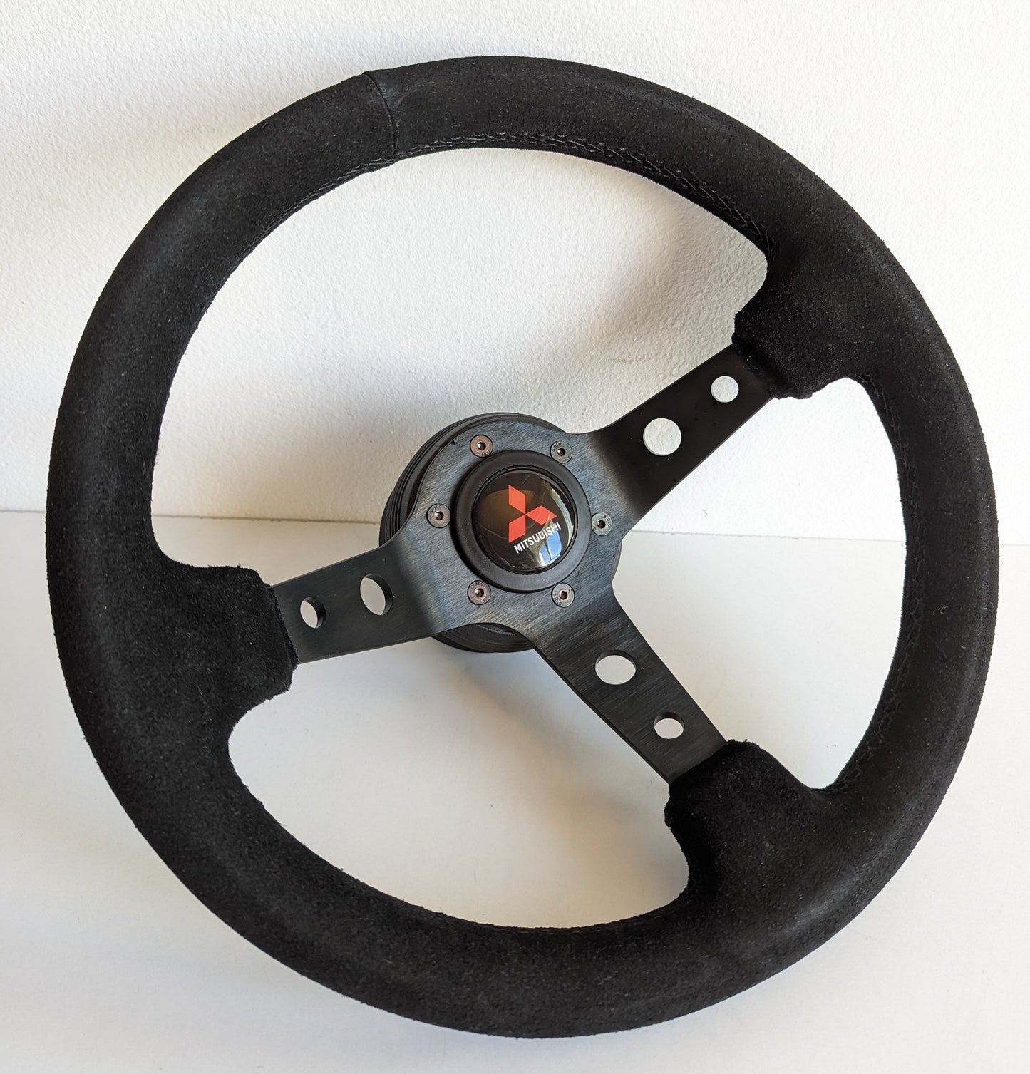 Steering Wheel For Mitsubishi Eclipse Lancer evo Galant Pajero - Deep Dish, Black Stitching, Black Spokes with Holes, Sport Vision, 350 mm