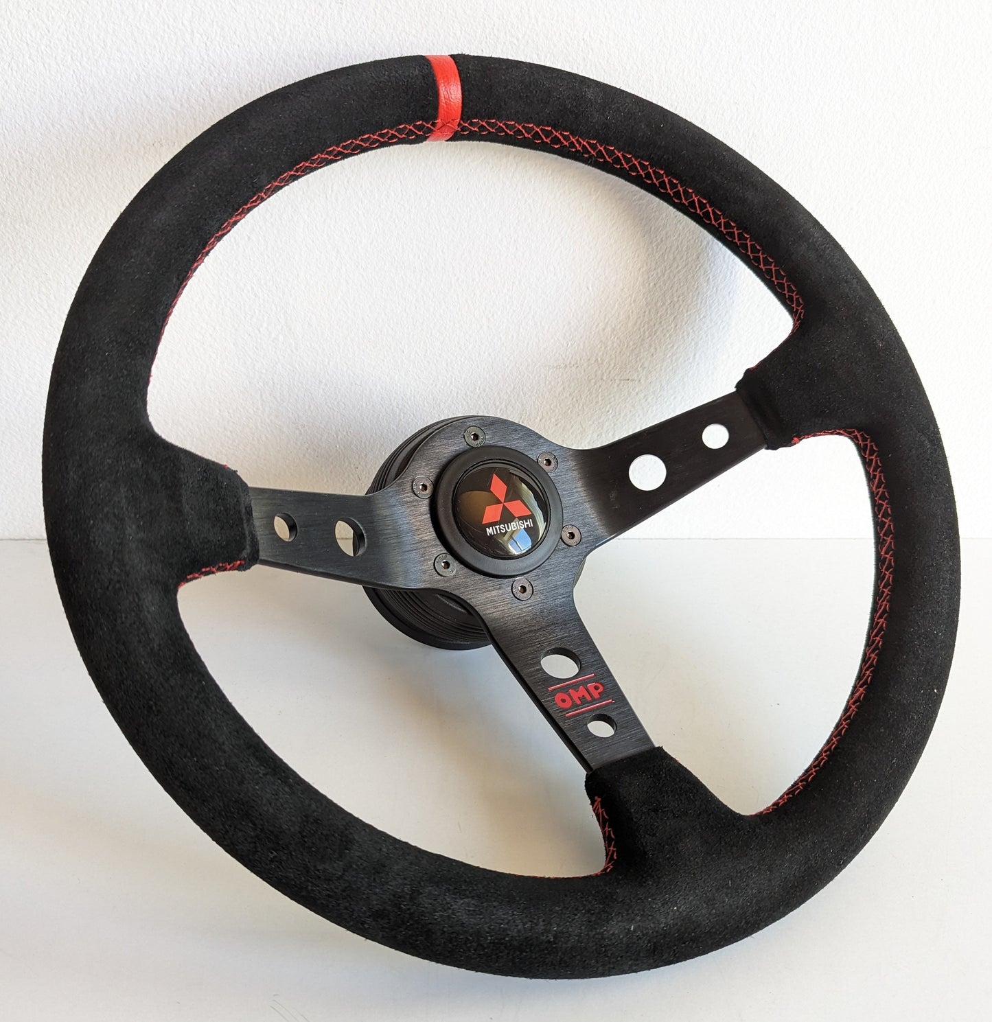 Steering Wheel For Mitsubishi Eclipse, Lancer Evo Galant Pajero - Deep Dish, Red Stitching, Alcantara, Suede, Black Spokes with Holes, Sport Vision, 350 mm