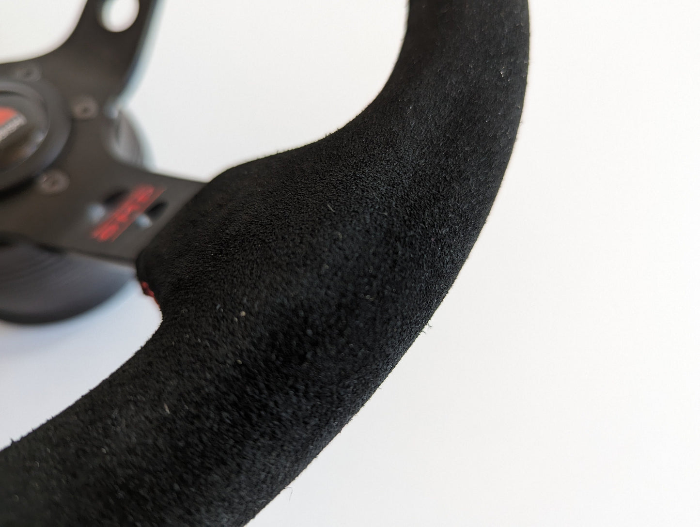 Steering Wheel For Mitsubishi Eclipse, Lancer Evo Galant Pajero - Deep Dish, Red Stitching, Alcantara, Suede, Black Spokes with Holes, Sport Vision, 350 mm