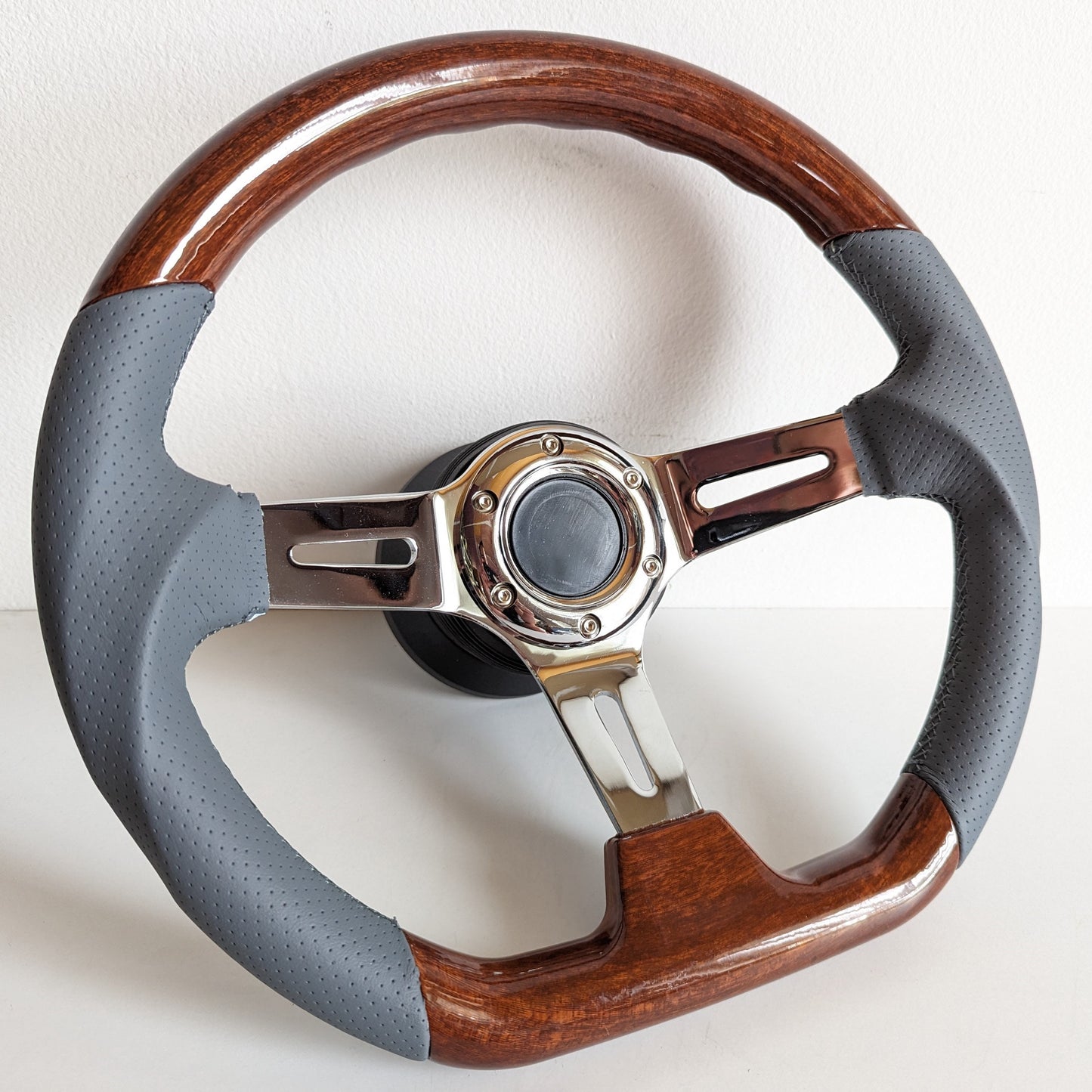 Steering Wheel For Mercedes Benz W123 W124 W126 W201 R107 - Wood, Grey Perforated Leather, Vintage, Chrome Spokes, 350mm