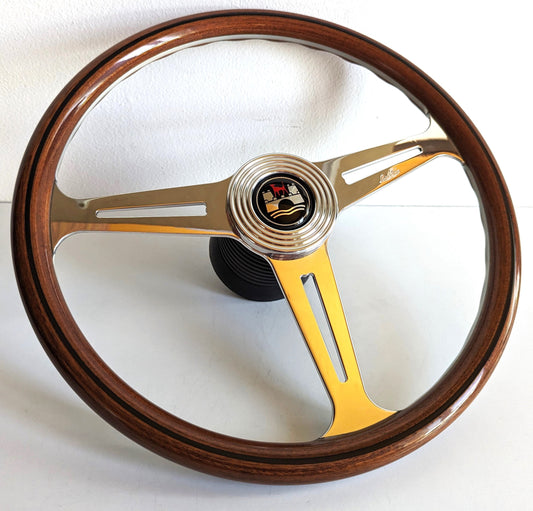 Steering Wheel For VW Wolfsburg T2 Vanagon Transporter (1972-1979) - Luisi OEM, Solid Wood, Premium, Vintage, Classic Style, Chrome Spokes, 390 mm