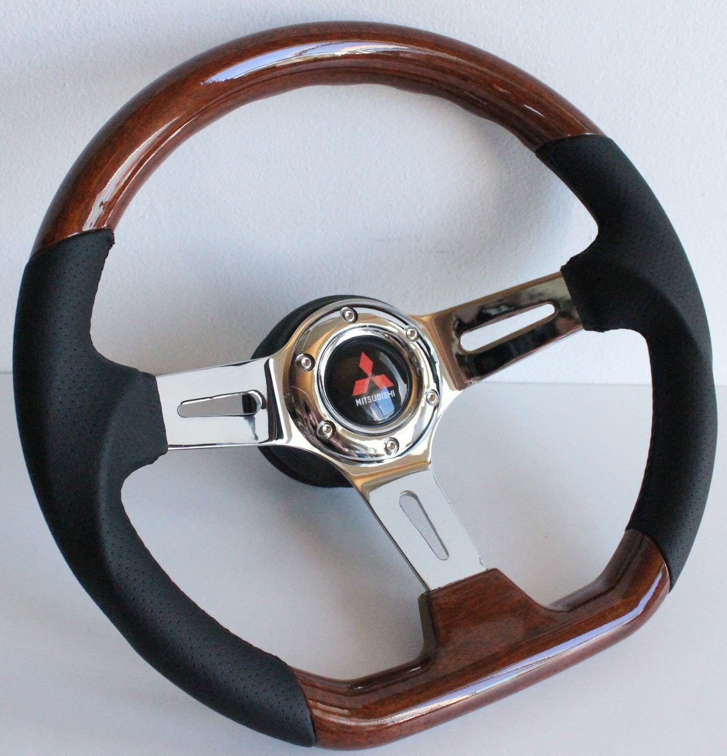 Steering Wheel For Mitsubishi Eclipse, Lancer Evo Galant Pajero - Flat Bottom, Wood, Vintage, Black Leather, Chrome spokes, 350 mm