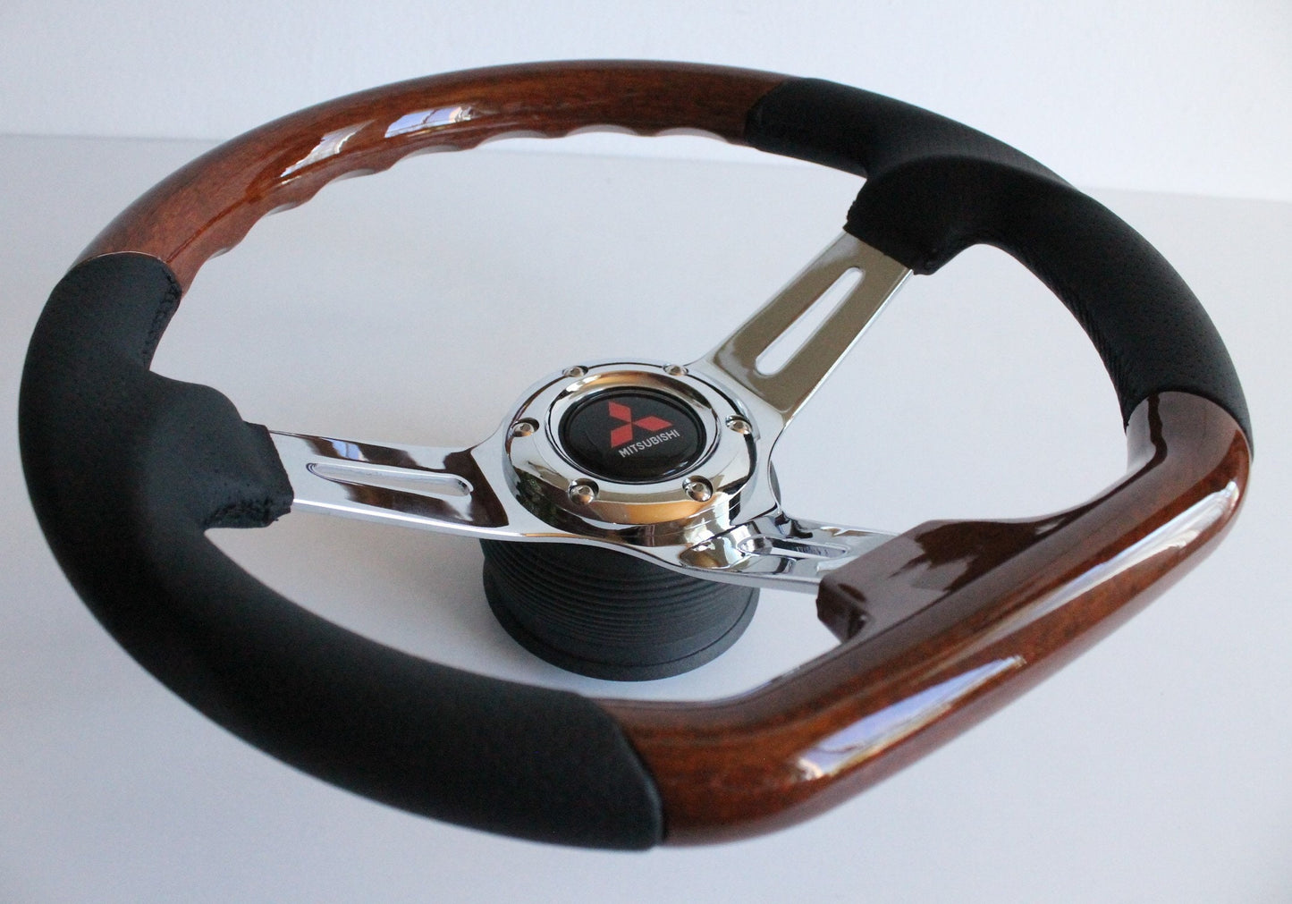 Steering Wheel For Mitsubishi Eclipse, Lancer Evo Galant Pajero - Flat Bottom, Wood, Vintage, Black Leather, Chrome spokes, 350 mm