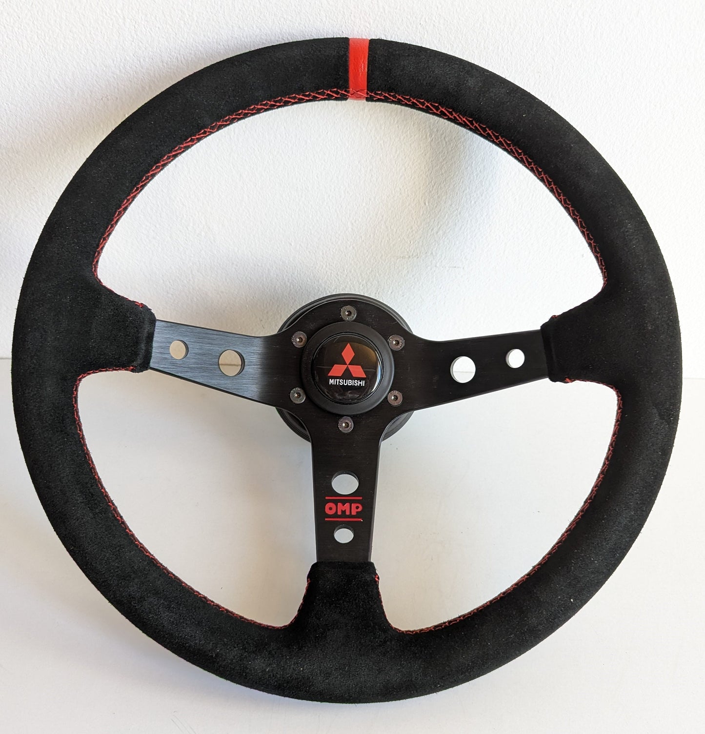 Steering Wheel For Mitsubishi Eclipse, Lancer Evo Galant Pajero - Deep Dish, Red Stitching, Alcantara, Suede, Black Spokes with Holes, Sport Vision, 350 mm