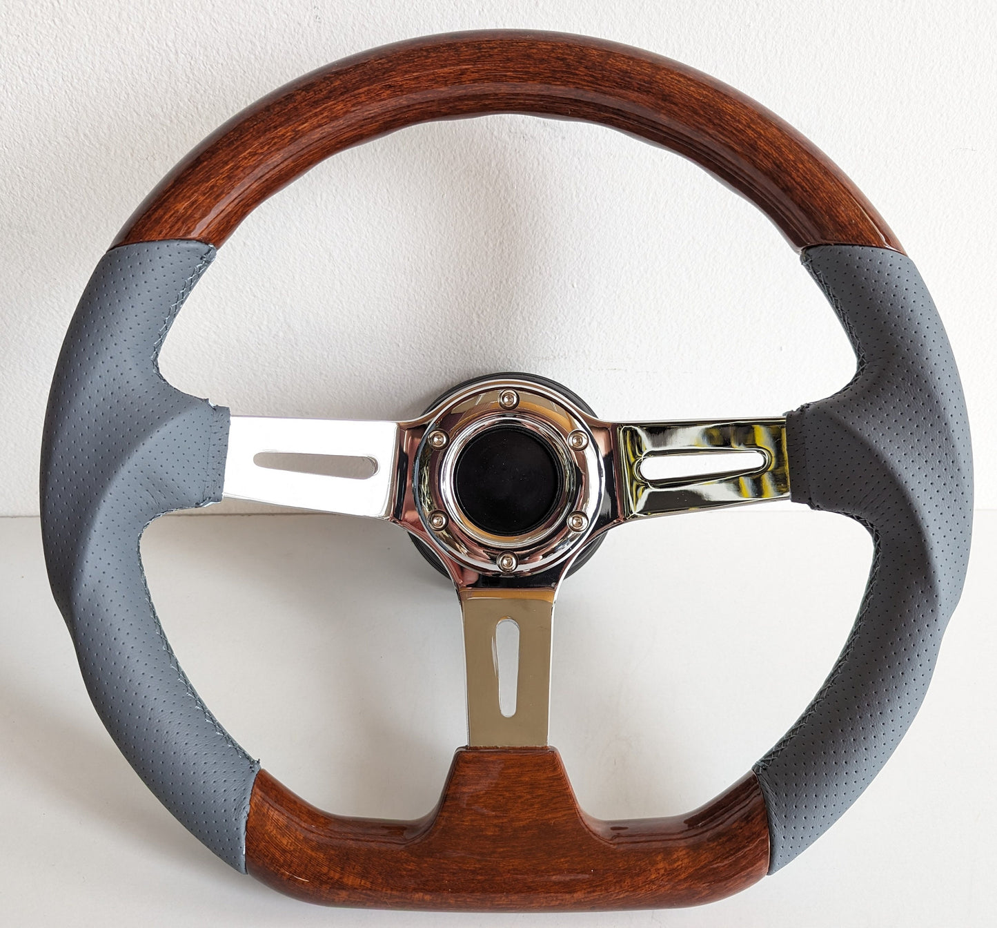 Steering Wheel For Mercedes Benz W123 W124 W126 W201 R107 - Wood, Grey Perforated Leather, Vintage, Chrome Spokes, 350mm