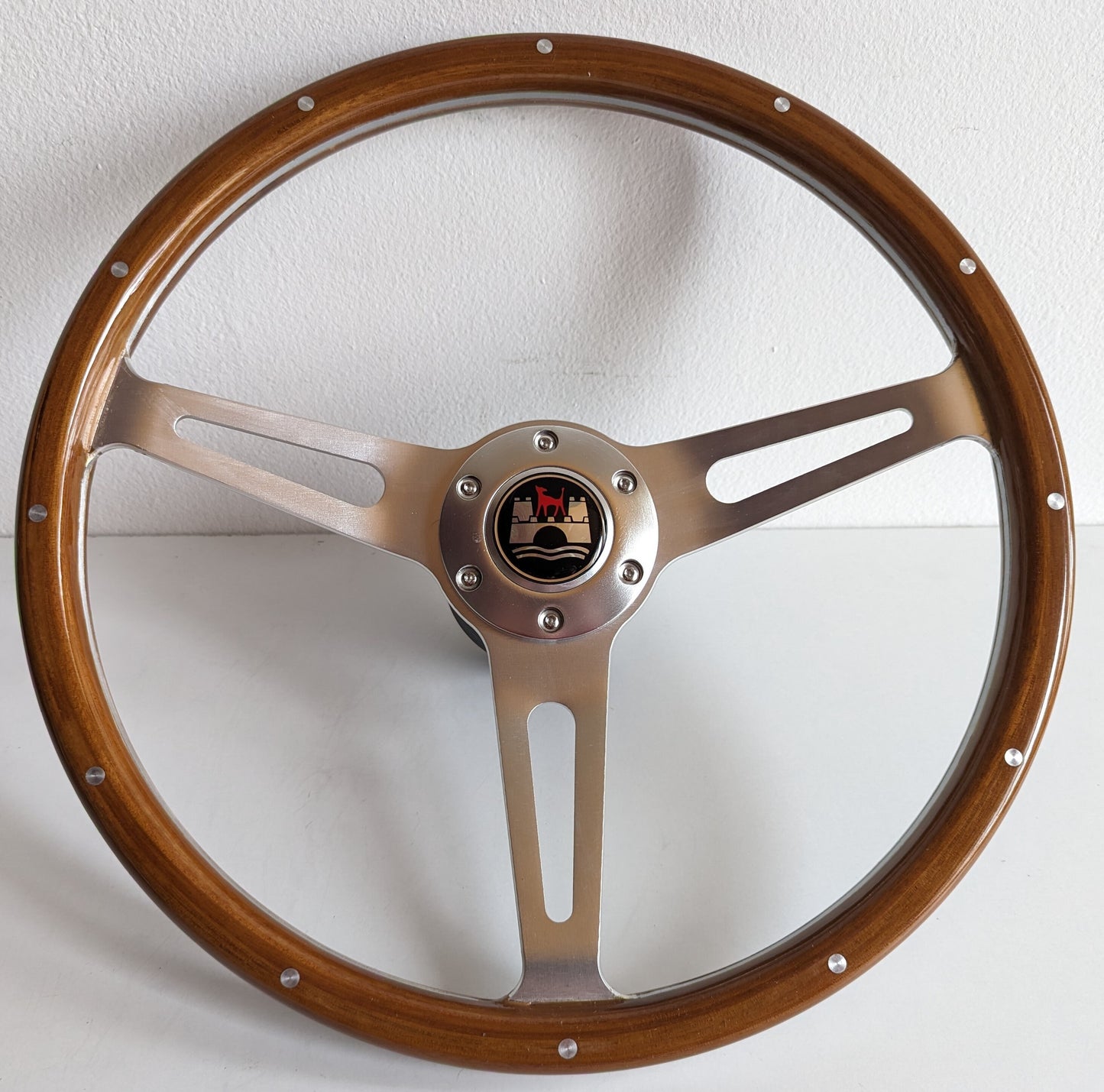 Steering Wheel For VW Wolfsburg Bus T25 T3 caravelle Vanagon Transporter (1980-1997) - Wooden Rim, Classic, Vintage Vision, Silver Spokes, 380 mm