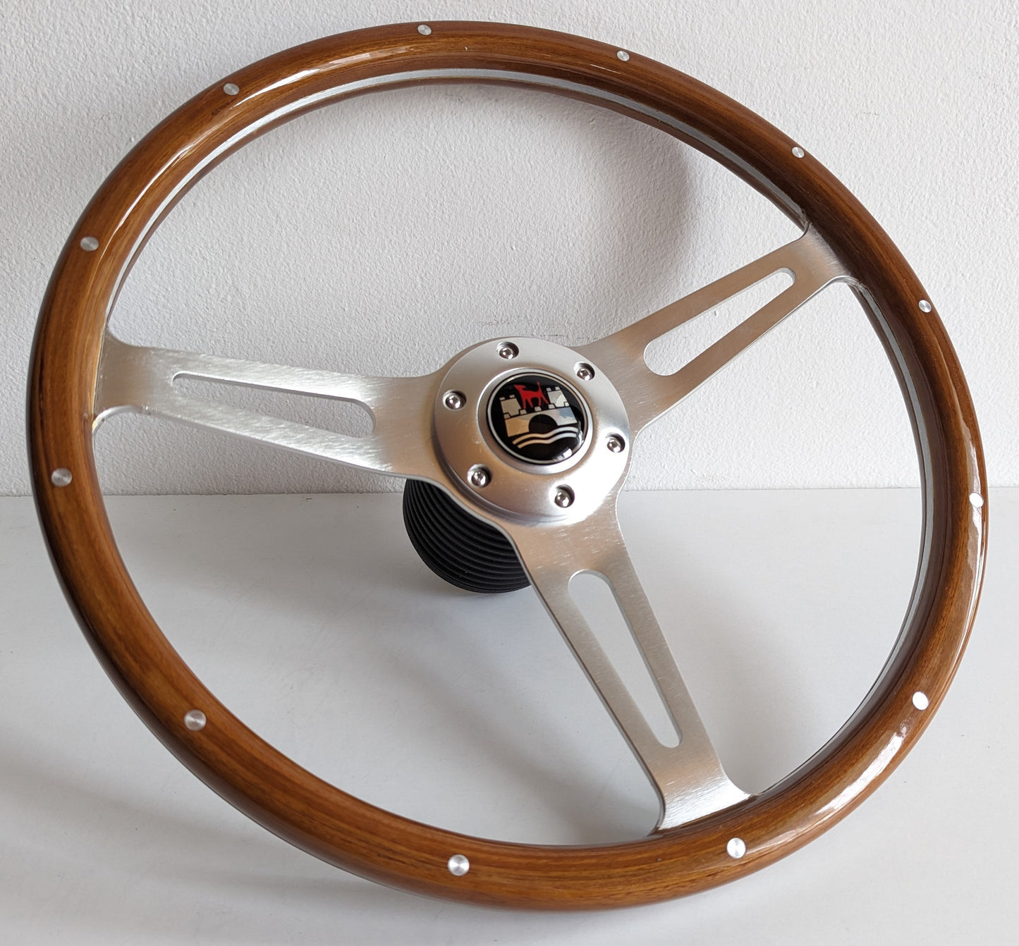Steering Wheel For VW Wolfsburg Bus T25 T3 caravelle Vanagon Transporter (1980-1997) - Wooden Rim, Classic, Vintage Vision, Silver Spokes, 380 mm