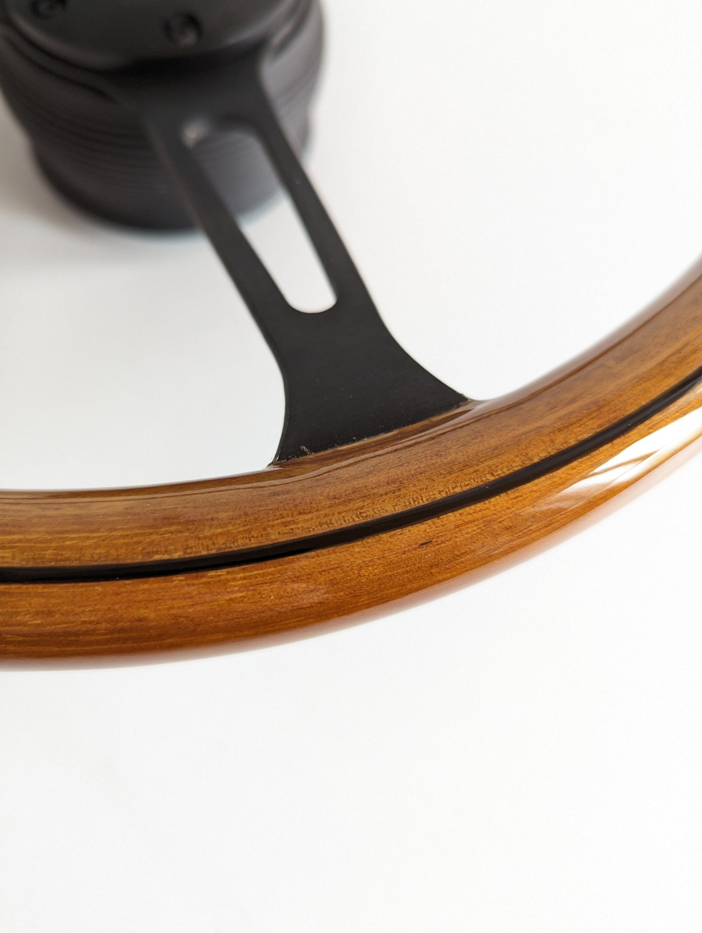 Steering Wheel For Mitsubishi Pajero 1st generation Montero Shogun (1982-1991) - Wooden Rim, Black Spokes, Black Trim, Classic, 380mm