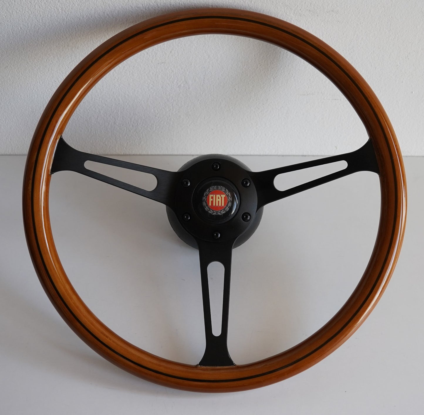 Steering Wheel For FIAT 124 125 128 850 1100 Berlina Coupe Special - Wooden Rim, Black Spokes, Black Trim, Classic, 380mm