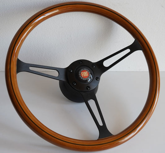 Steering Wheel For FIAT 124 125 128 850 1100 Berlina Coupe Special - Wooden Rim, Black Spokes, Black Trim, Classic, 380mm
