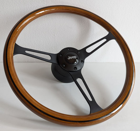 Steering Wheel For Jeep Cherokee Wrangler (1984-1996) - Wooden Rim, Black Spokes, Black Trim, Classic, 380mm