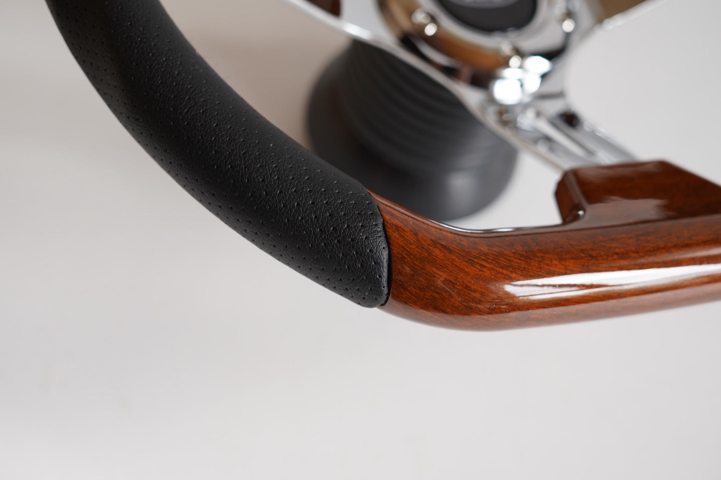 Steering Wheel For Ford Granada Bronco - Flat Bottom, Wood, Vintage, Black Leather, Chrome spokes, 350 mm