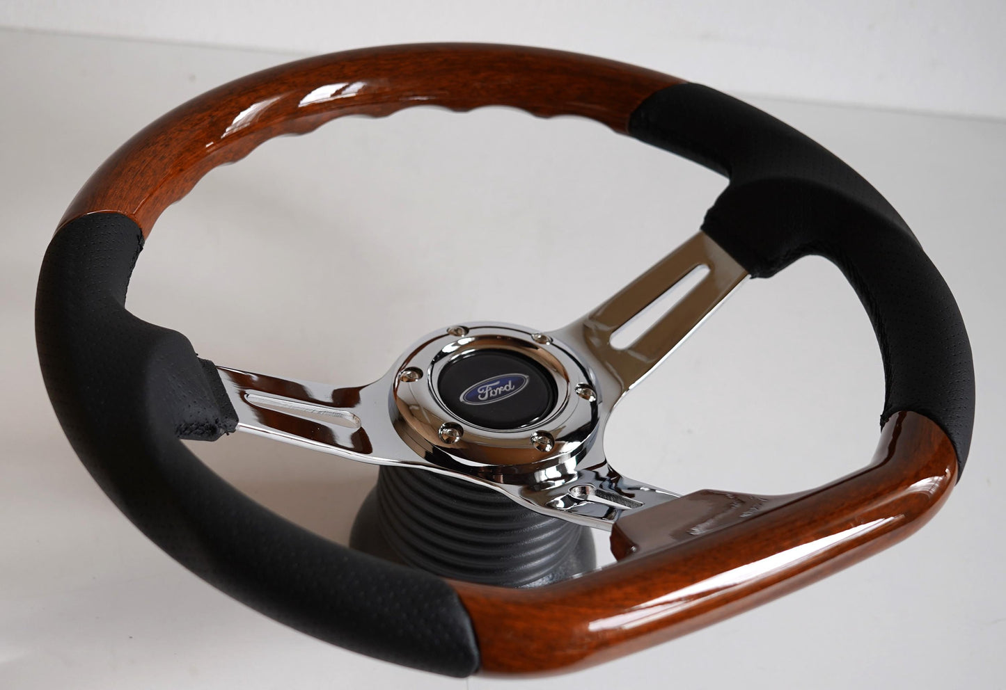 Steering Wheel For Ford Granada Bronco - Flat Bottom, Wood, Vintage, Black Leather, Chrome spokes, 350 mm