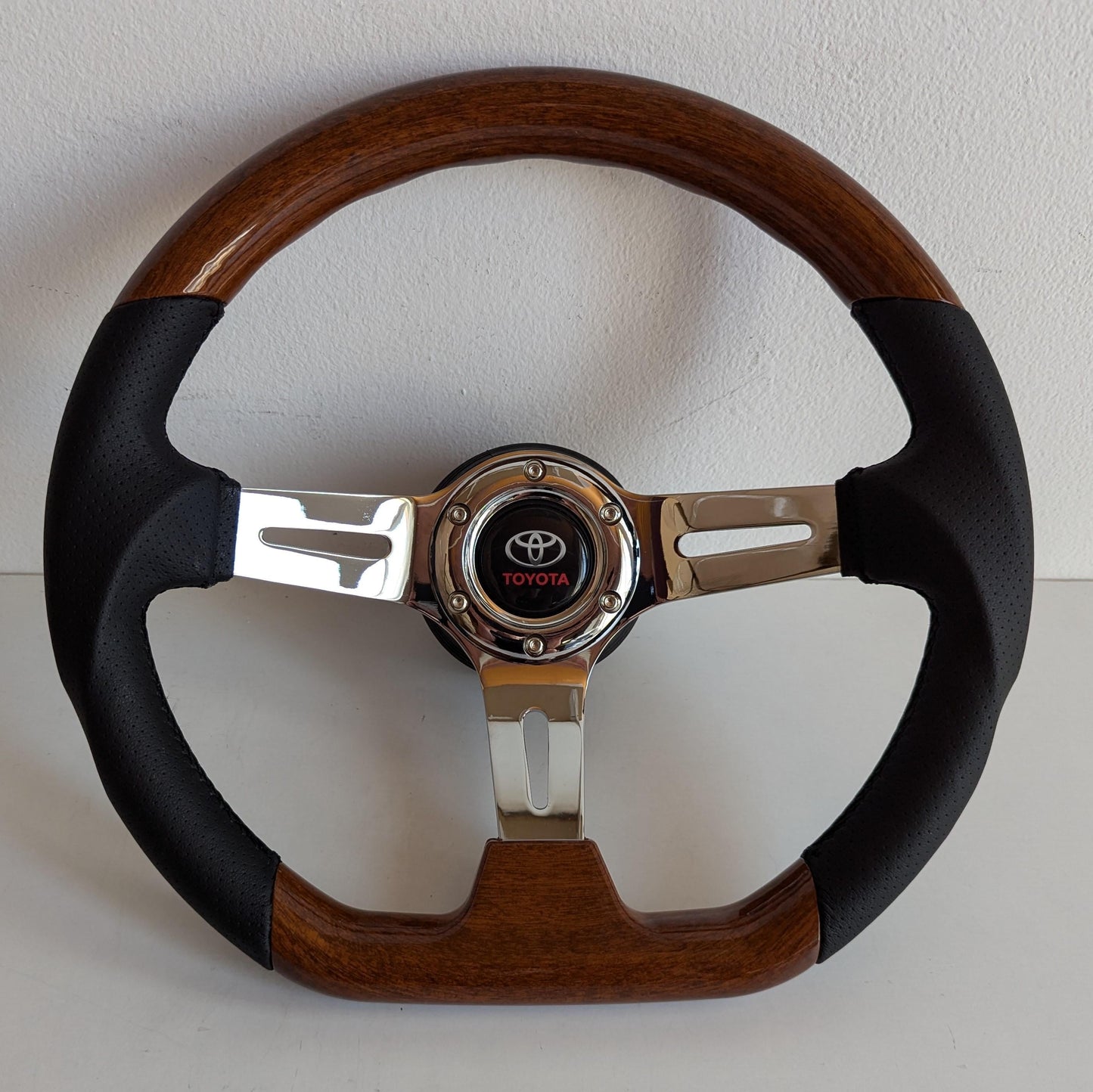 Steering Wheel For TOYOTA Celica Supra Mr2 Corolla Hiace - Carbon Look, Flat Bottom, Chrome Spokes, Sport Design, 350 mm