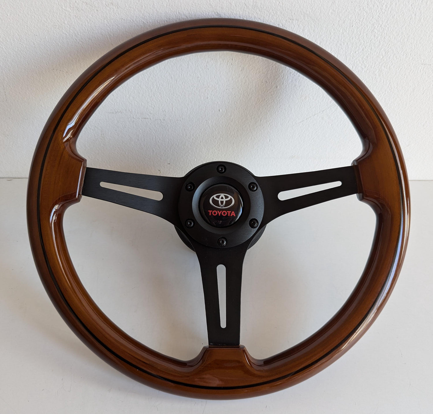 Steering Wheel For TOYOTA Celica Supra Mr2 Corolla Hiace - Solid Wood, Black Trim, Vintage, Black Spokes, 350 mm