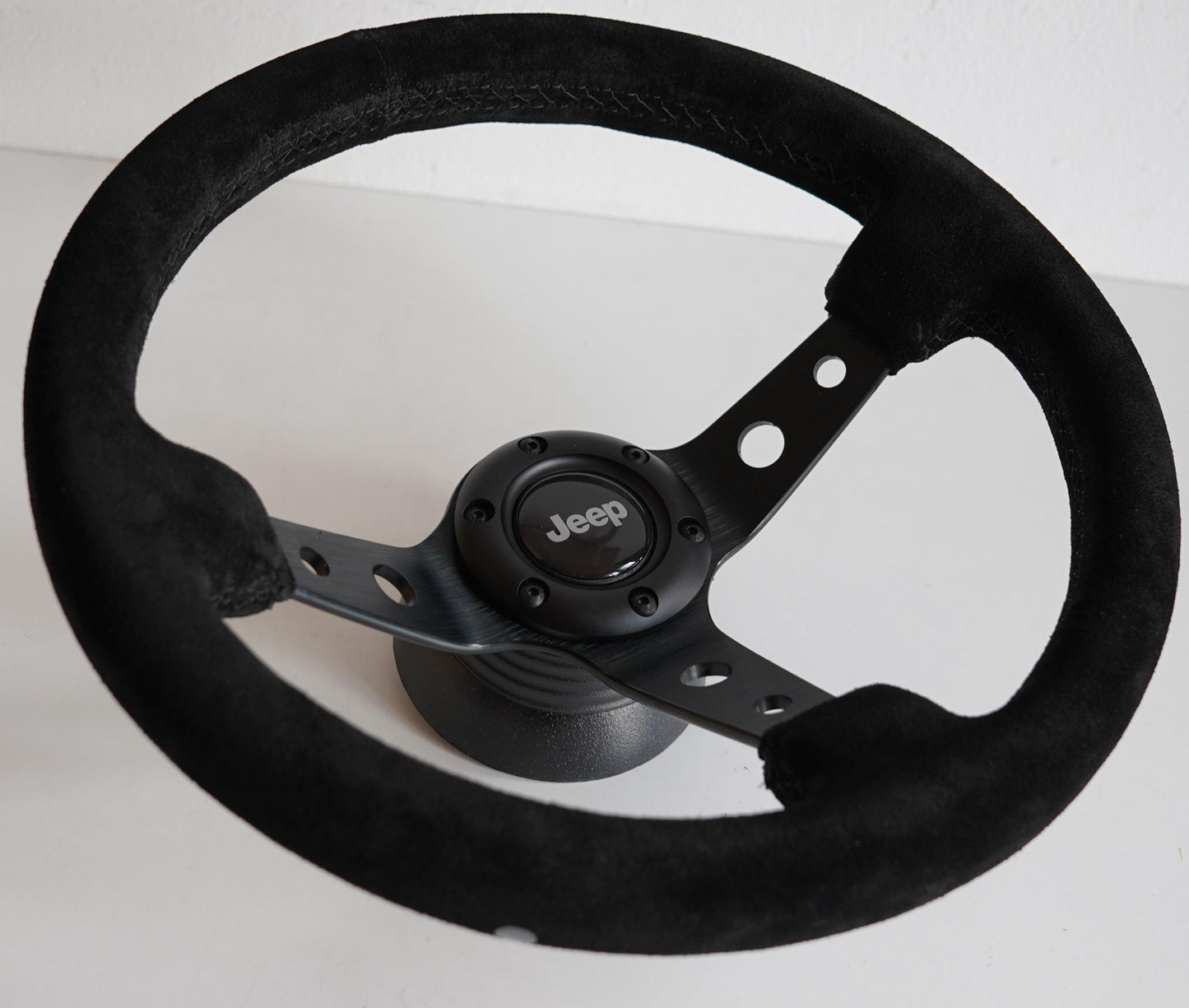 Steering Wheel For Jeep Cherokee Wagoneer Renegade CJ 3 5 6 7 Golden Eagle Laredo Pick up - Black Alcantara Leather, Suede, Deep Dish, 350mm