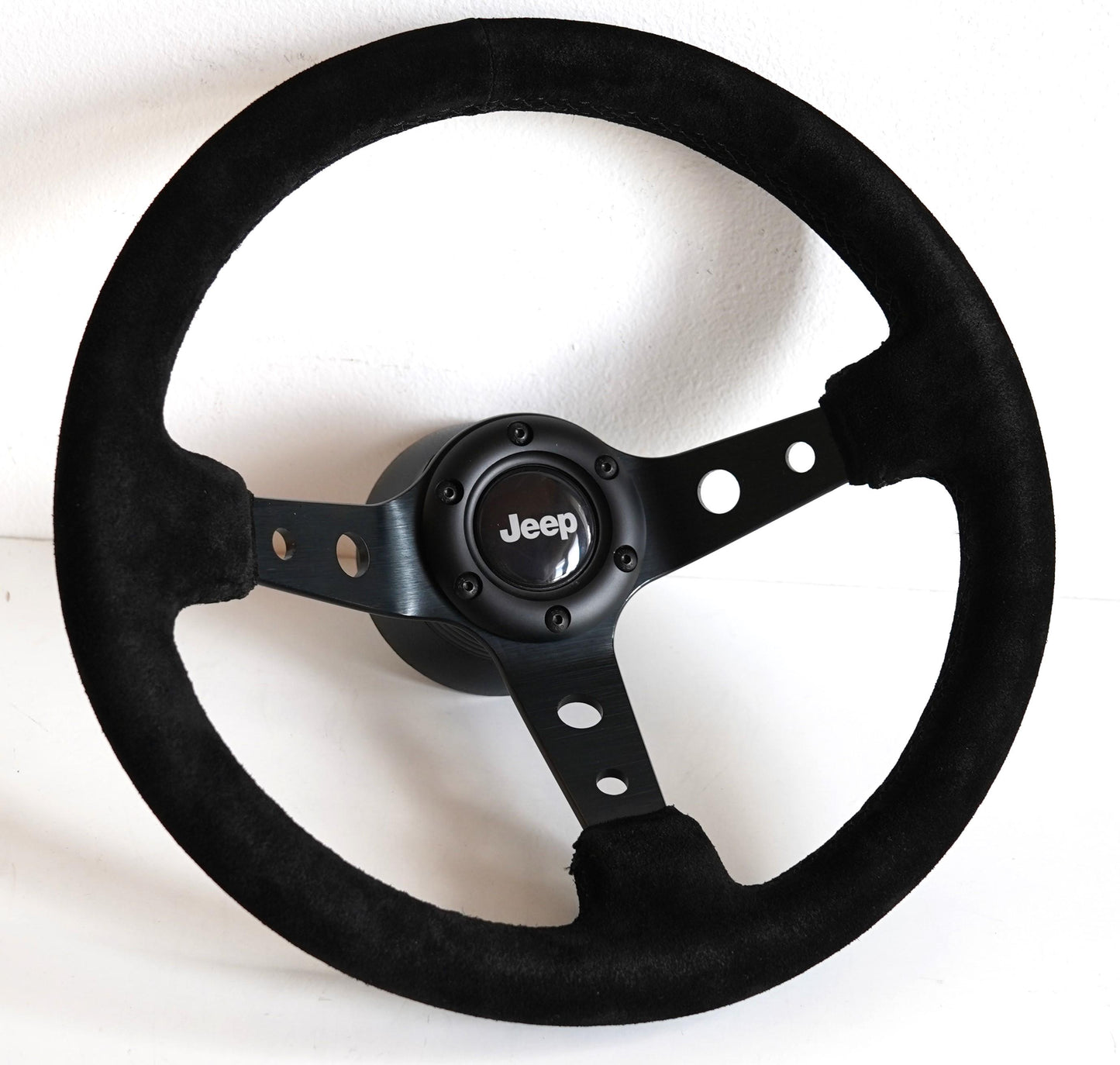 Steering Wheel For Jeep Cherokee Wagoneer Renegade CJ 3 5 6 7 Golden Eagle Laredo Pick up - Black Alcantara Leather, Suede, Deep Dish, 350mm