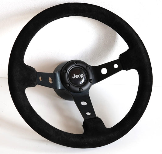 Steering Wheel For Jeep Cherokee Wagoneer Renegade CJ 3 5 6 7 Golden Eagle Laredo Pick up - Black Alcantara Leather, Suede, Deep Dish, 350mm