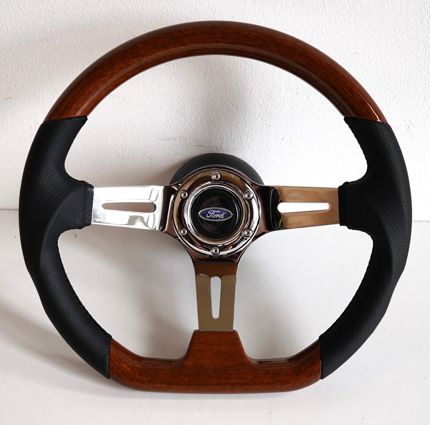 Steering Wheel For Ford Granada Bronco - Flat Bottom, Wood, Vintage, Black Leather, Chrome spokes, 350 mm