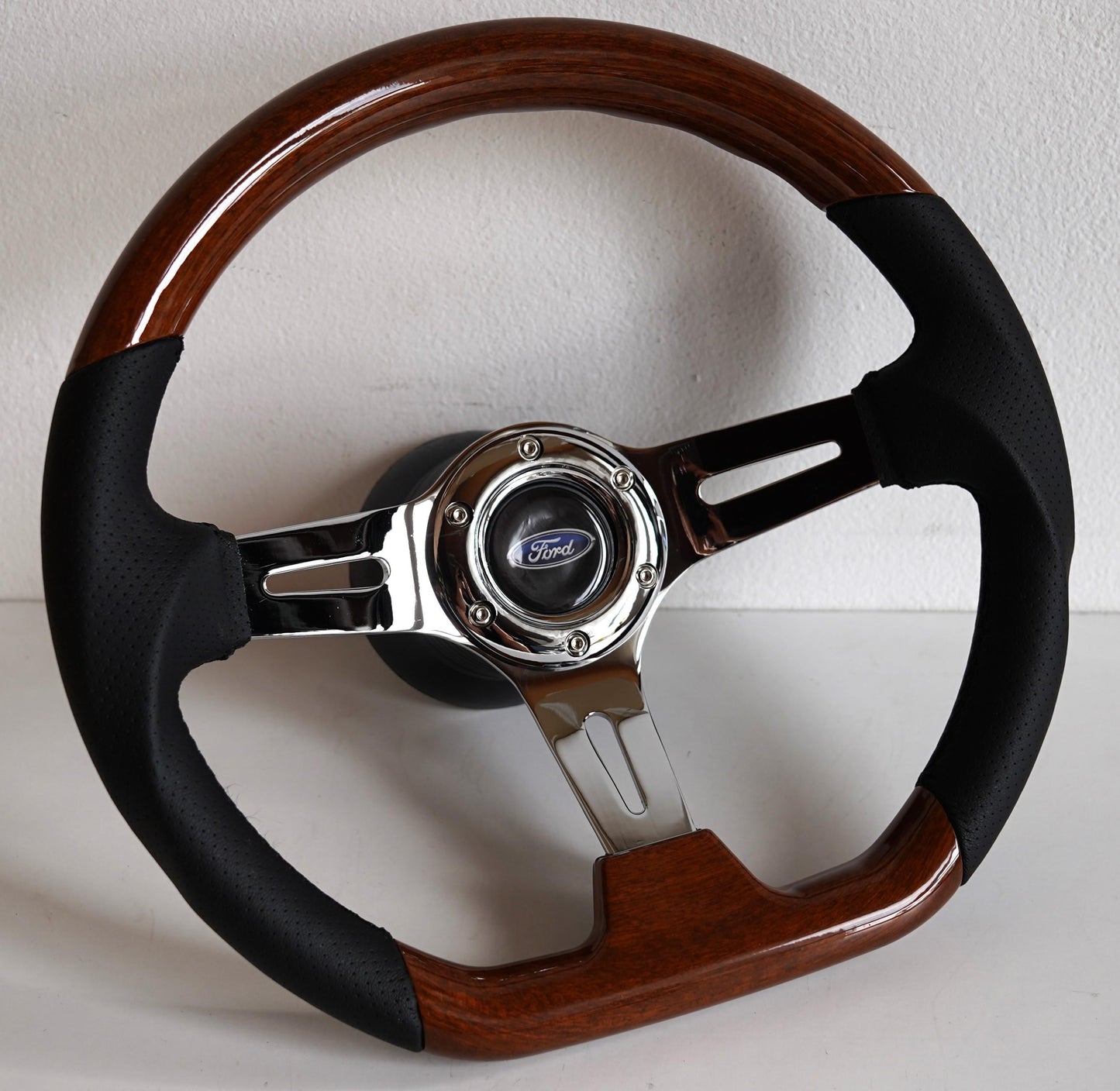 Steering Wheel For Ford Granada Bronco - Flat Bottom, Wood, Vintage, Black Leather, Chrome spokes, 350 mm