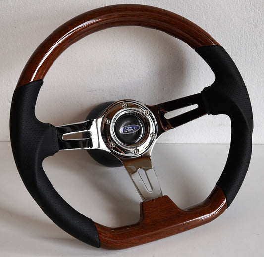 Steering Wheel For Ford F150 F250 F350 (1980-1991) - Flat Bottom, Wood, Vintage, Black Leather, Chrome spokes, 350mm