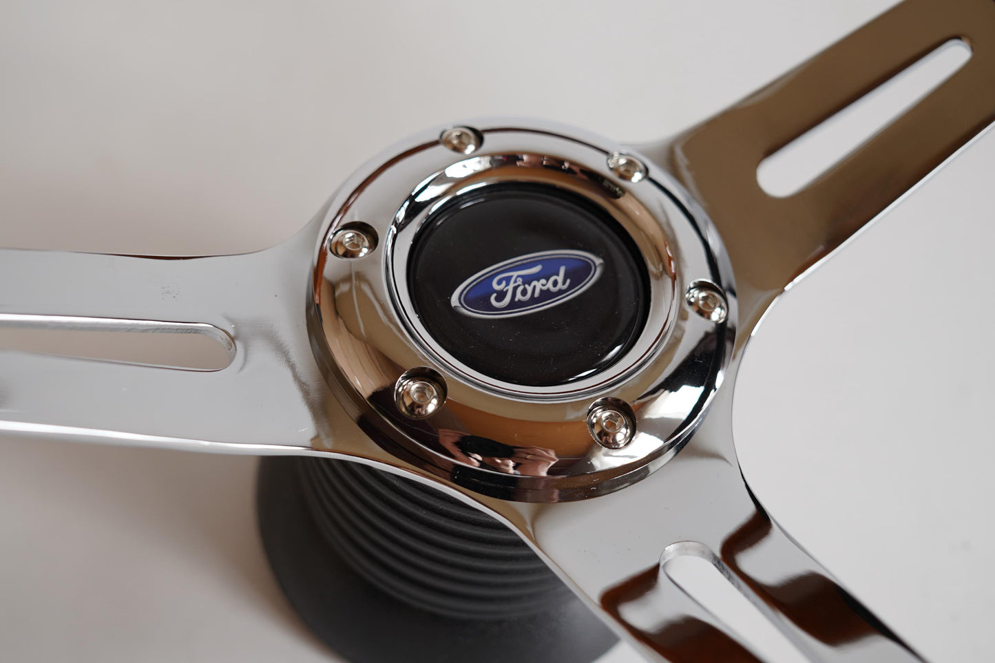 Steering Wheel For Ford Granada Bronco - Flat Bottom, Wood, Vintage, Black Leather, Chrome spokes, 350 mm