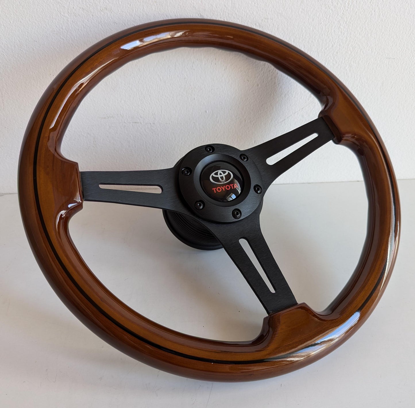 Steering Wheel For TOYOTA Celica Supra Mr2 Corolla Hiace - Solid Wood, Black Trim, Vintage, Black Spokes, 350 mm