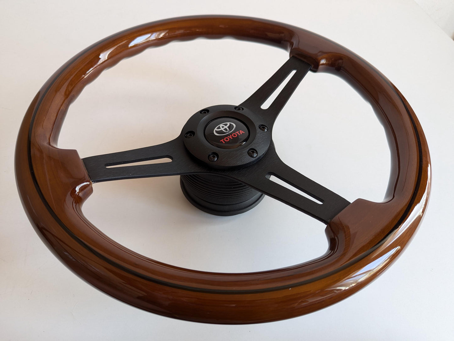 Steering Wheel For TOYOTA Celica Supra Mr2 Corolla Hiace - Solid Wood, Black Trim, Vintage, Black Spokes, 350 mm