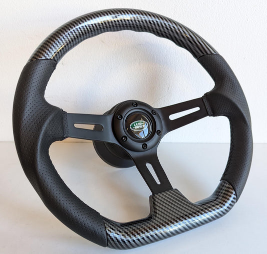 Steering Wheel For Land Rover Defender 36 spline 90 100 110 127 - Carbon Look, Flat Bottom, Black Matte Spokes, Sport Design, 350 mm