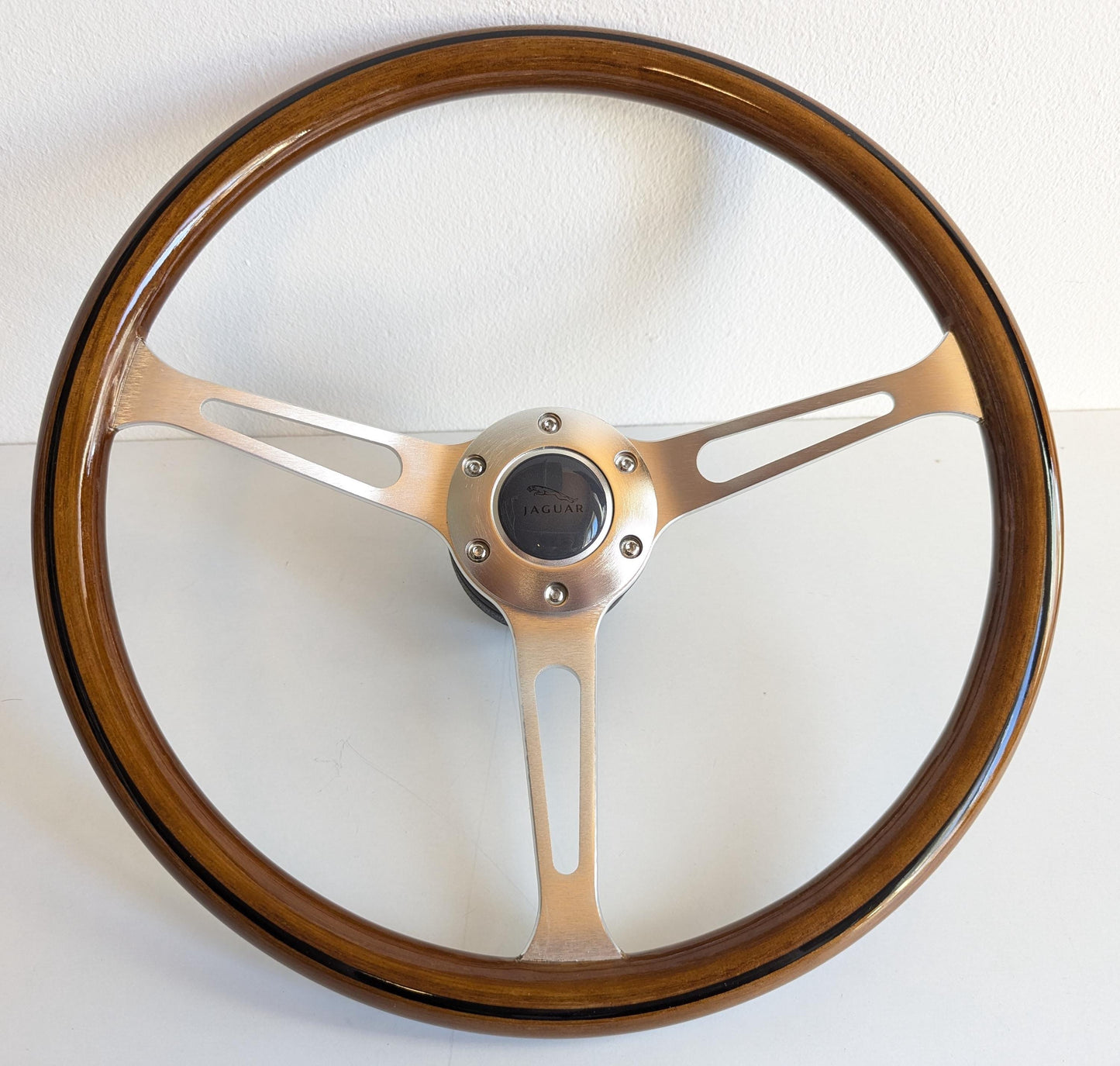 Steering Wheel  custom For Jaguar XJ12 XJ XJ5 XJ6 XJS - Wooden Rim with Black Trim, Silver Spokes, Classic, 380mm