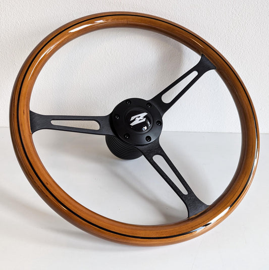 Steering Wheel For Datsun 240Z 260Z 280Z Fairlady Vintage - Wooden Rim, Black Spokes, Black Trim, Classic, 380mm