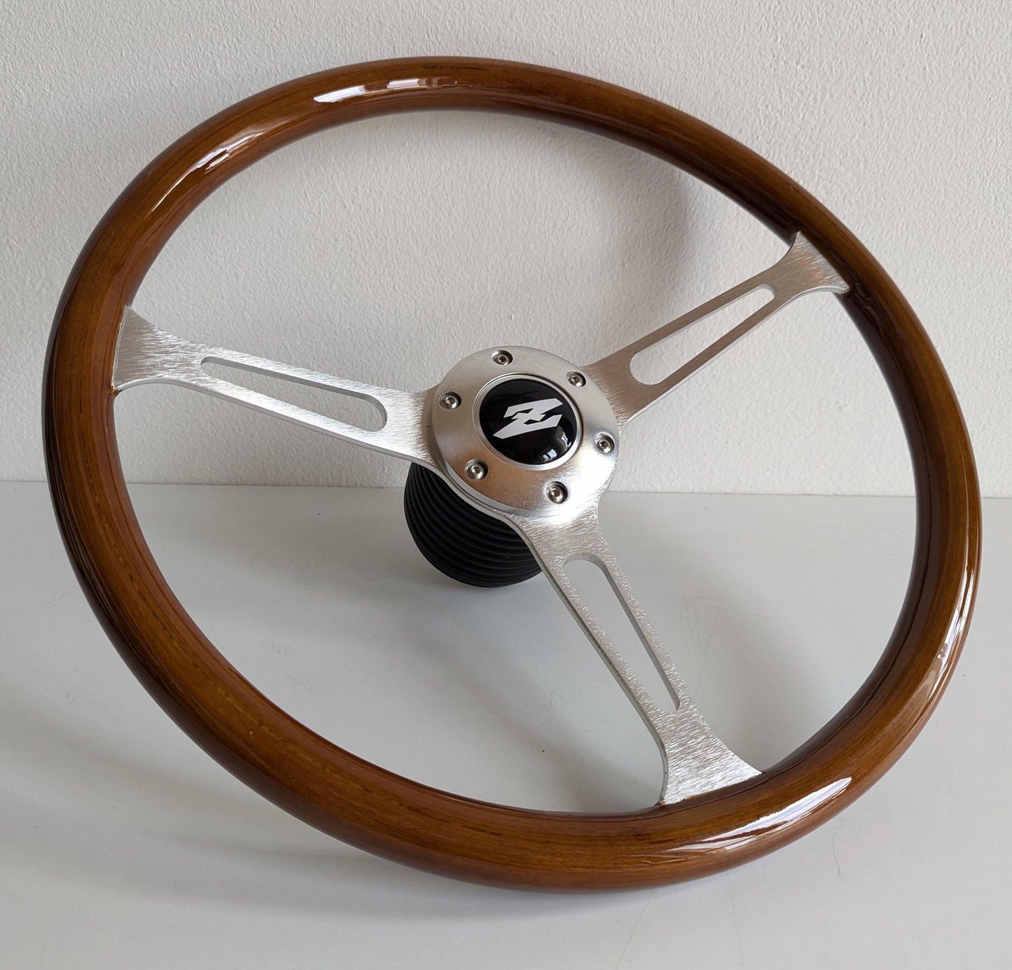 Steering Wheel For Datsun 240Z 260Z 280Z - Wooden Rim with Black Trim, Silver Spokes, Classic, 380mm