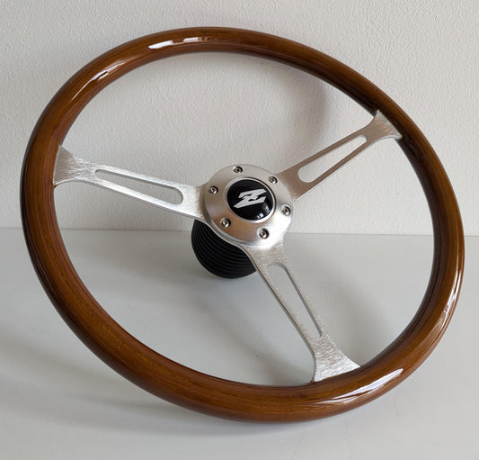 Steering Wheel For Datsun 240Z 260Z 280Z - Wooden Rim with Black Trim, Silver Spokes, Classic, 380mm