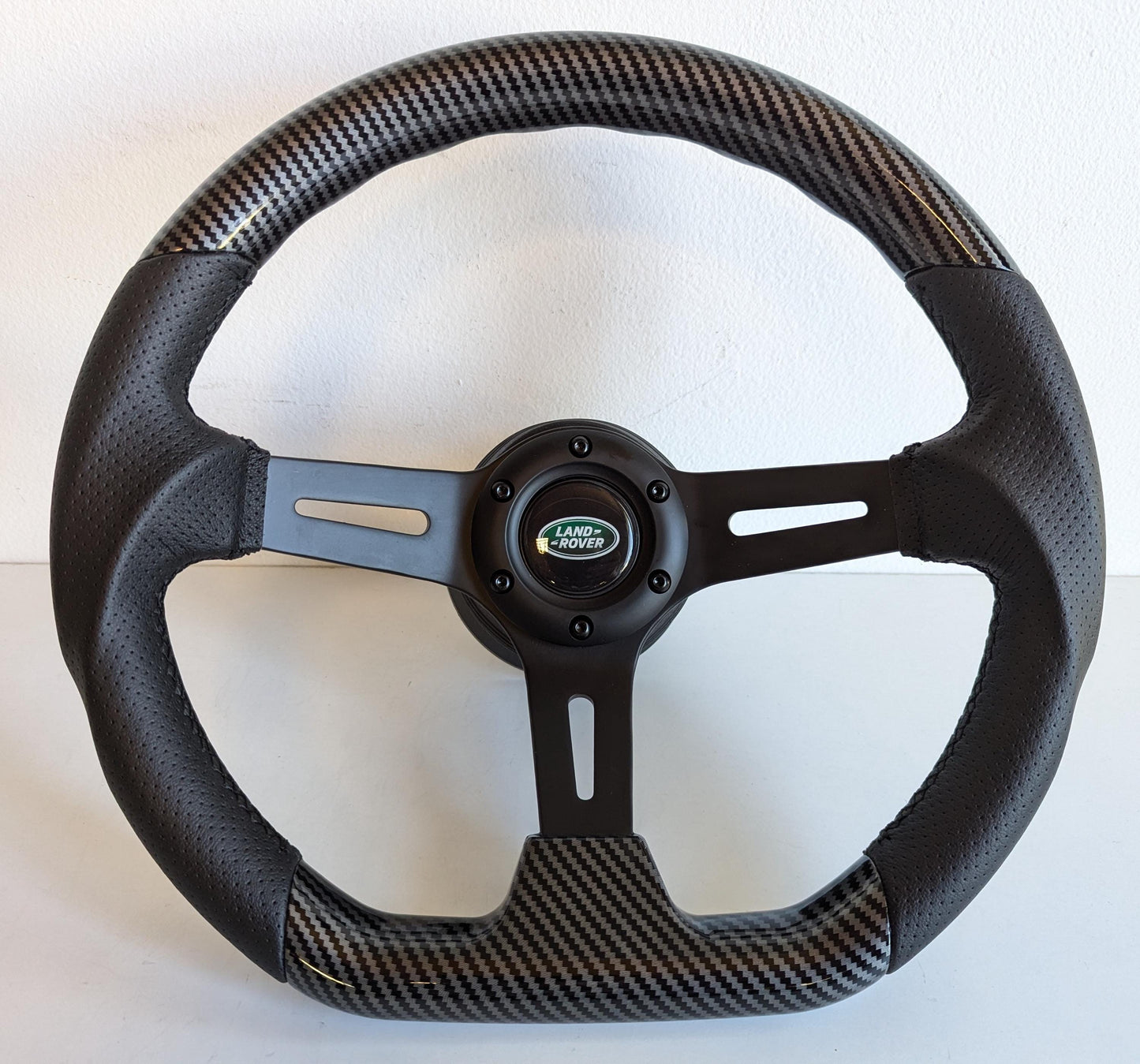 Steering Wheel For Land Rover Defender 36 spline 90 100 110 127 - Carbon Look, Flat Bottom, Black Matte Spokes, Sport Design, 350 mm